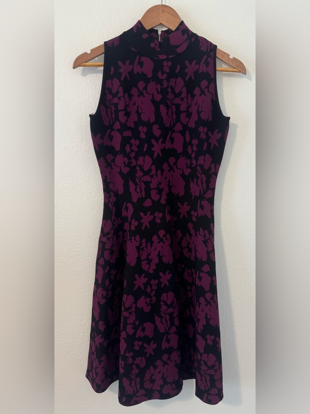Milly Knit Floral Flare Dress Sleeveless High Neck Plum Black Cocktail NWT SM